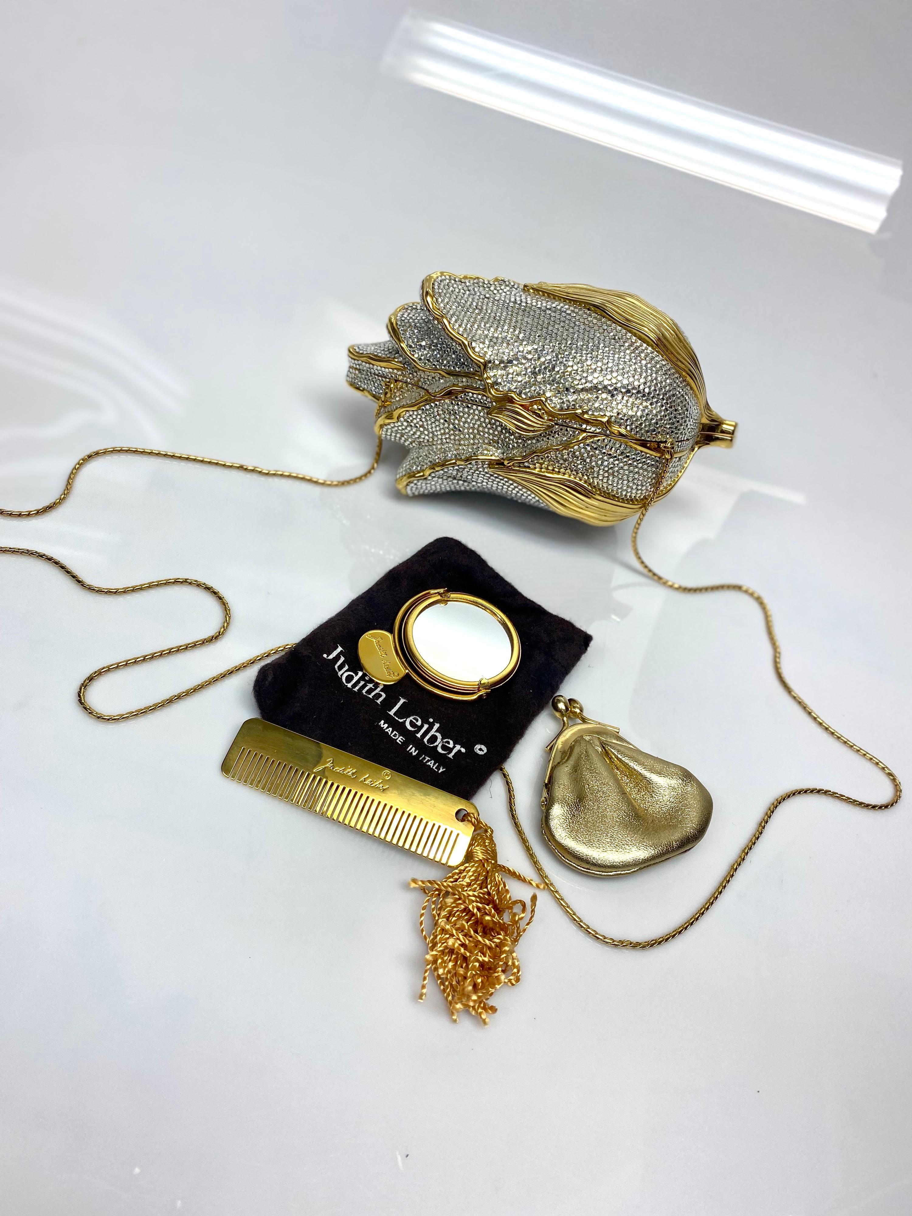 Judith Leiber Gold & Silver Rose Rhinestone Minaudiere Purse 8