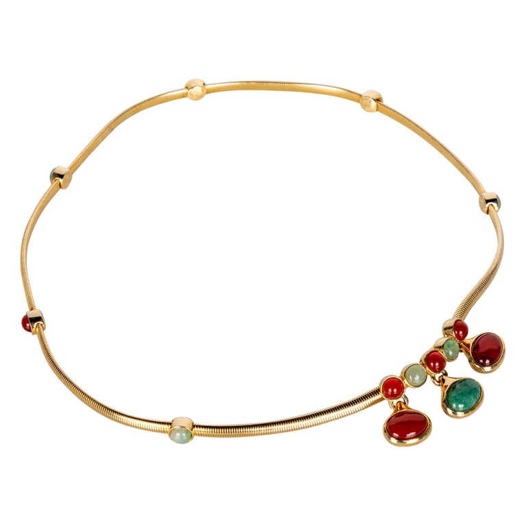 Judith Leiber Gold Snake Chain Jade and Carnelian Belt For  display picture 1