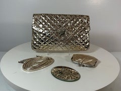 JUDITH LEIBER Gold Snake Quilted Clutch Detachable Strap, Coin Purse, & Mirror