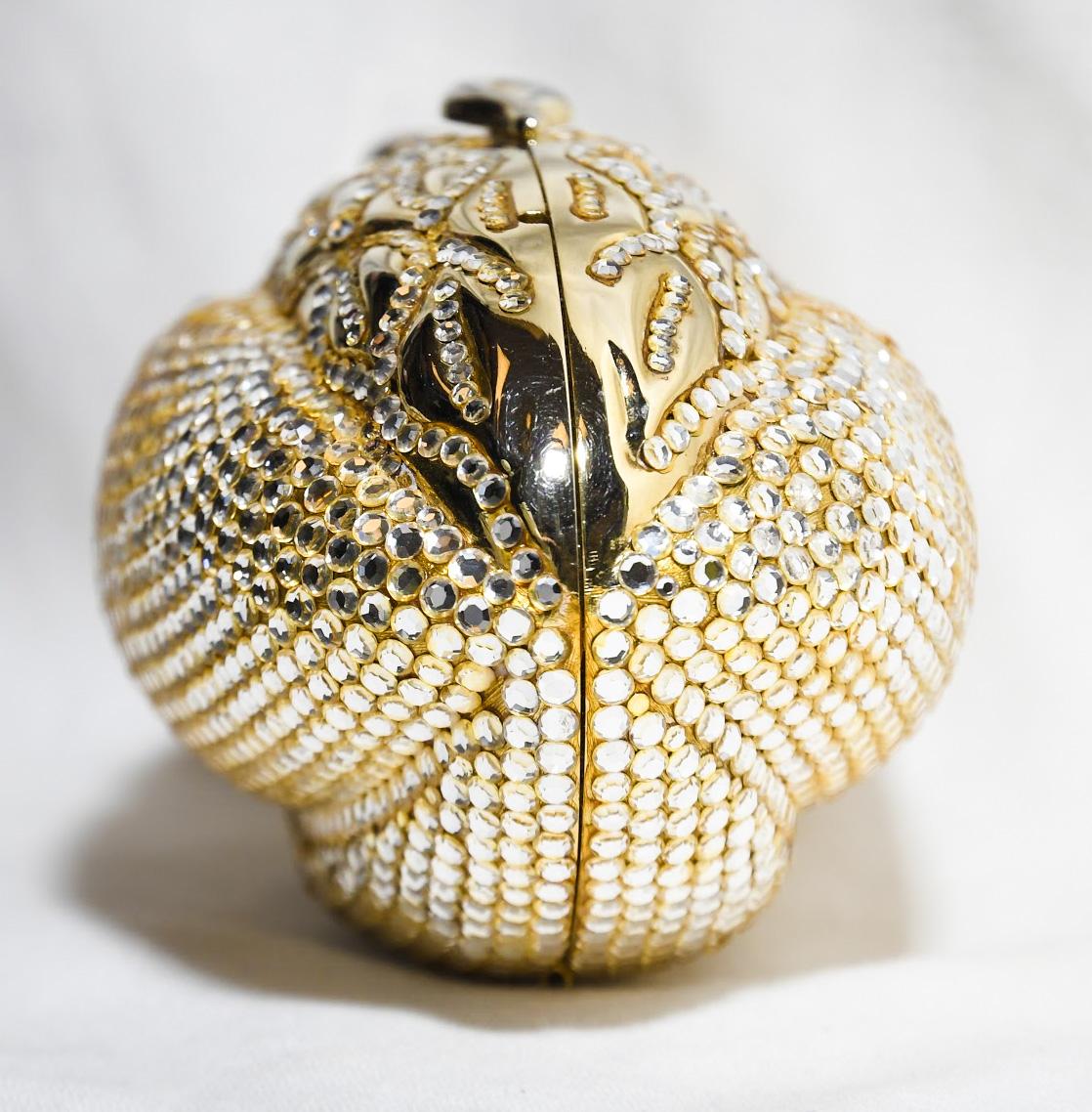 Judith Leiber Gold Tone and Crystal Eggplant Minaudiere In Excellent Condition In Palm Beach, FL