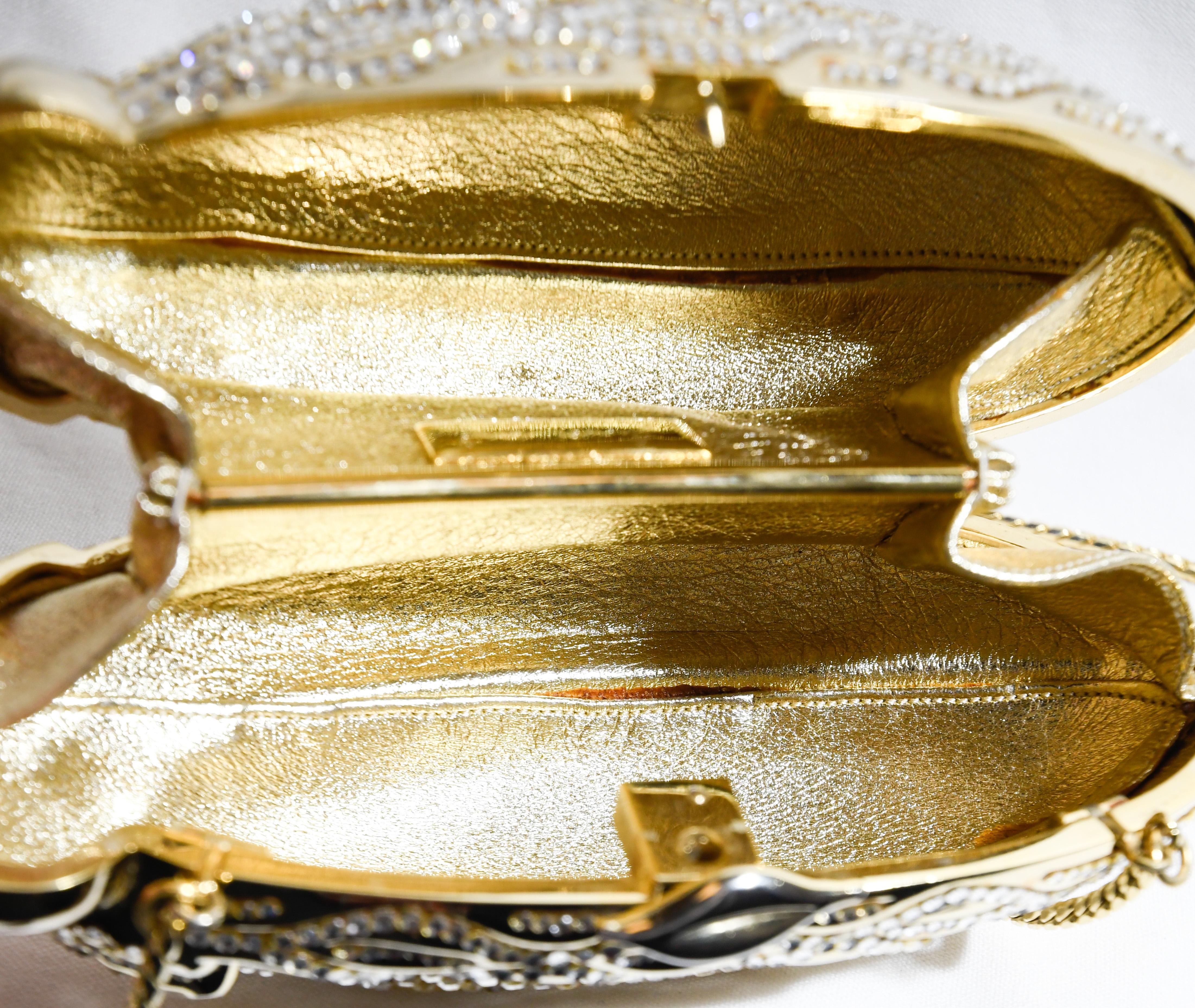 Judith Leiber Gold Tone and Crystal Eggplant Minaudiere 1