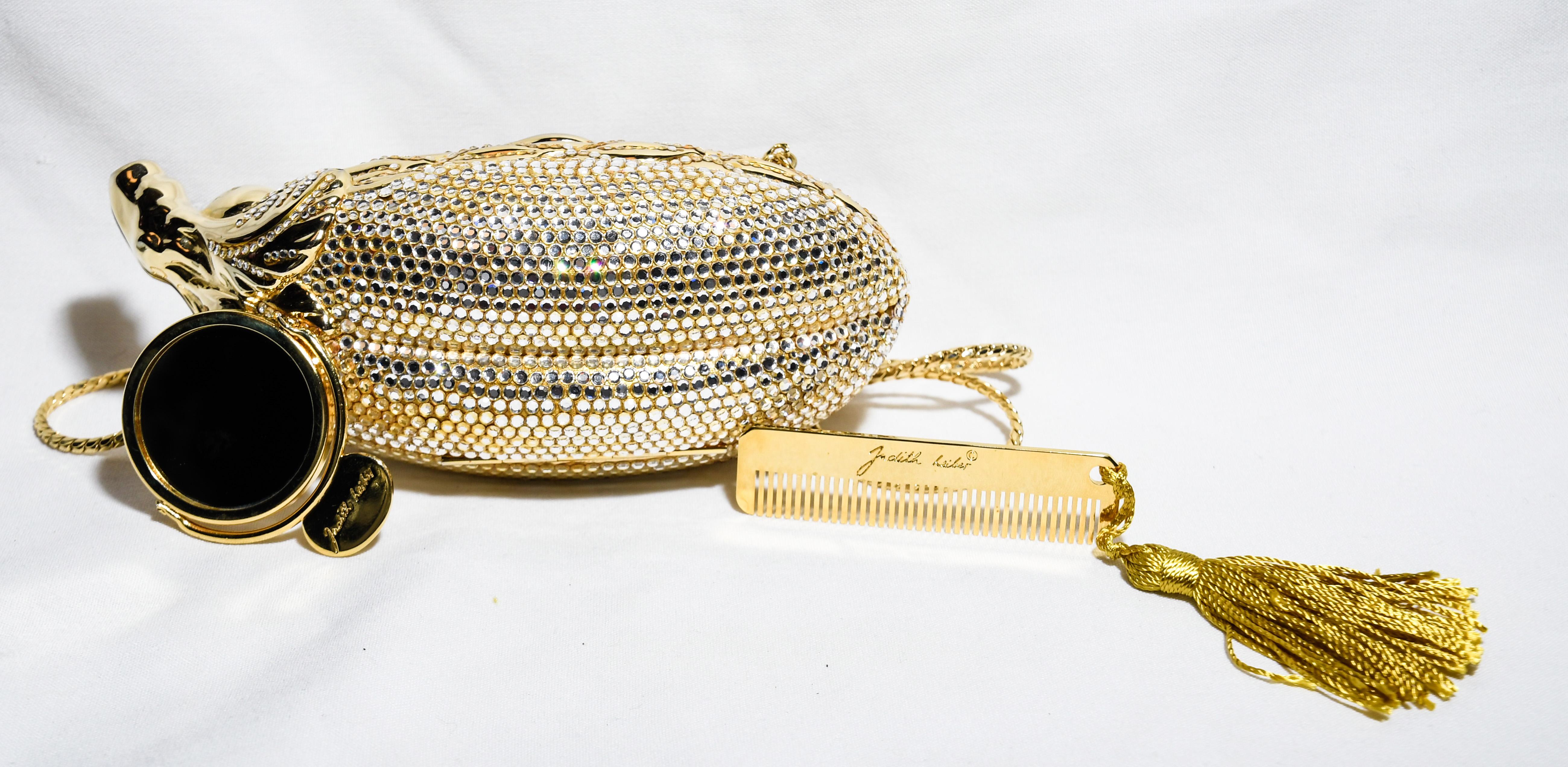 Judith Leiber Gold Tone and Crystal Eggplant Minaudiere 4