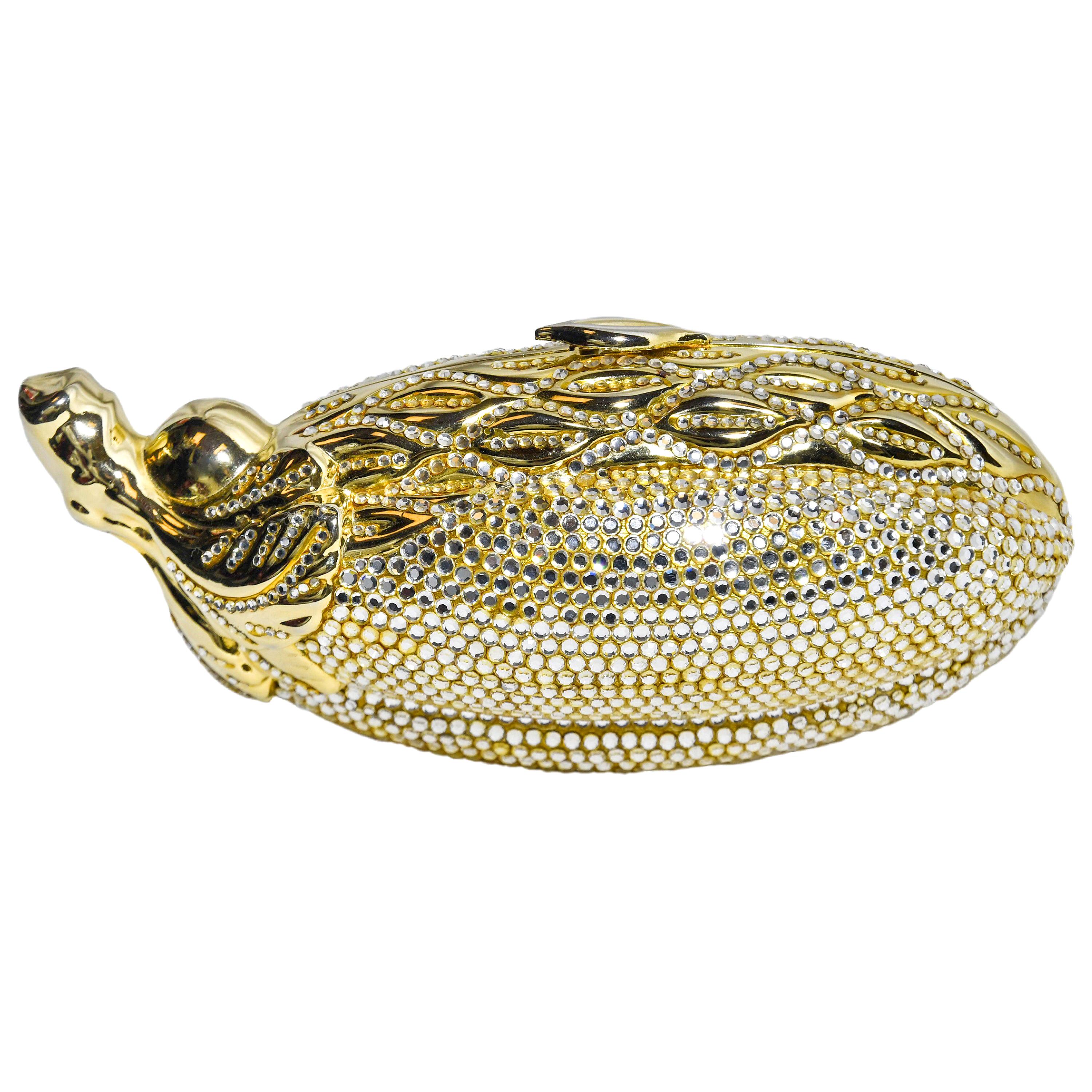 Judith Leiber Gold Tone and Crystal Eggplant Minaudiere