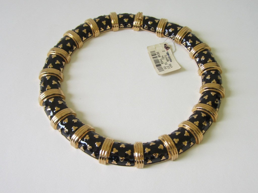  Judith Leiber Gold Tone & Black Enamel Necklace Never worn 1990s In New Condition For Sale In Wallkill, NY