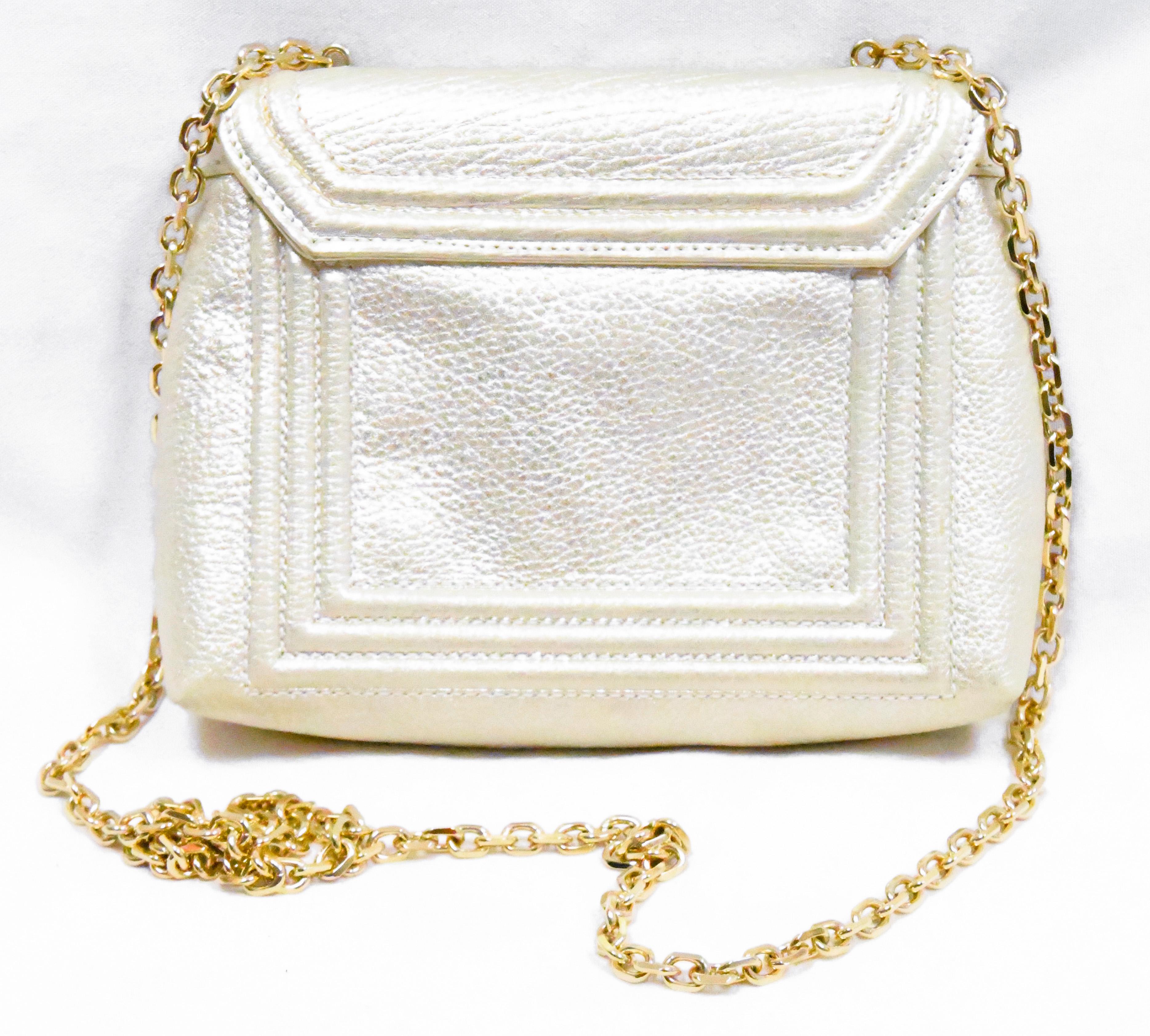 Gray Judith Leiber Gold Tone Leather Shoulder Flap Bag Stone & Crystal Closure  For Sale