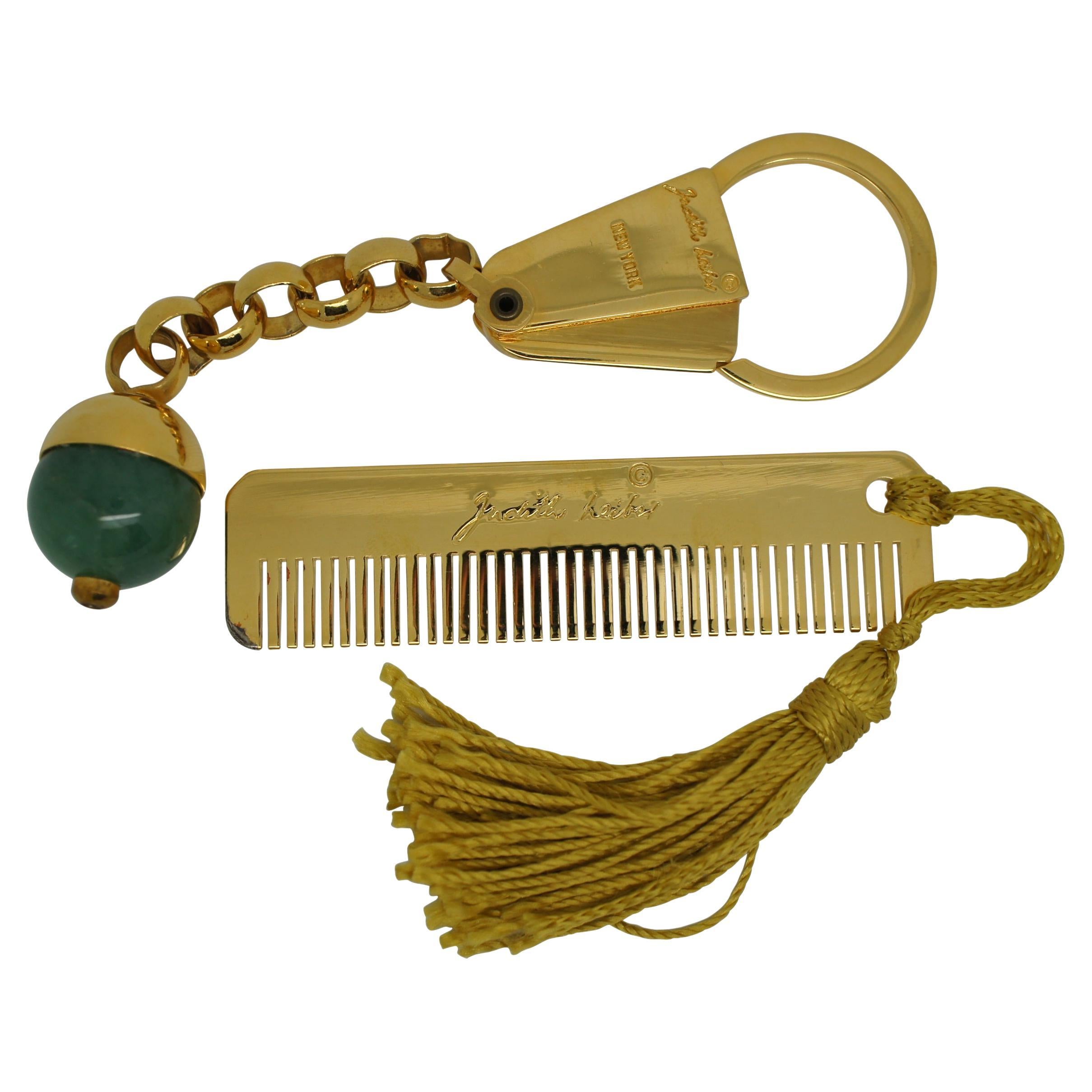 Judith Leiber Gold Tone Pocket Comb & Jade Acorn Key Chain Clip