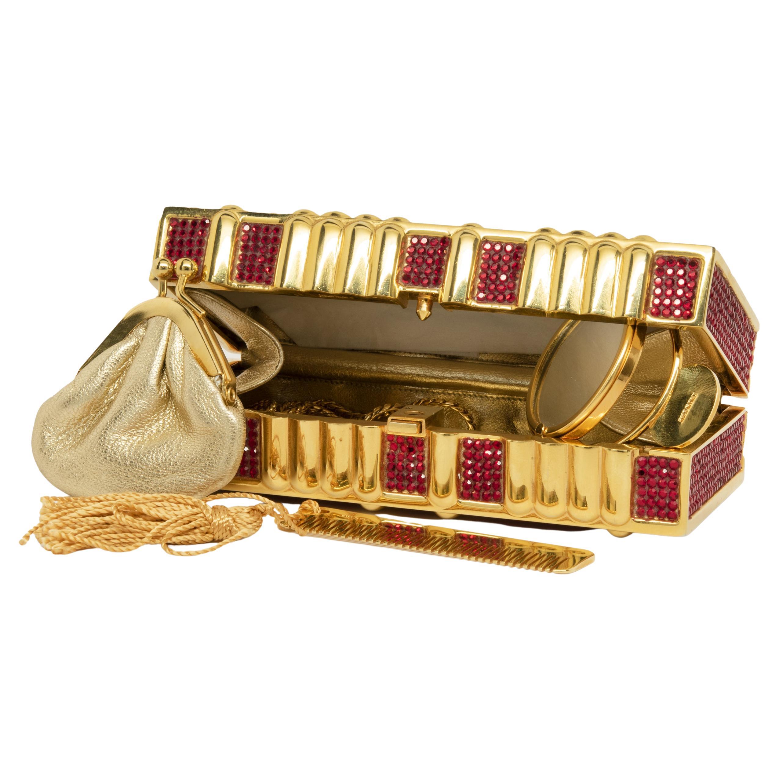 Judith Leiber Gold Tone Red Crystal Clutch with Coin Purse For Sale