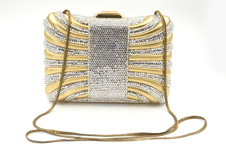 Judith Leiber Gold with White Crystal Box Minaudière Evening Clutch For Sale 5