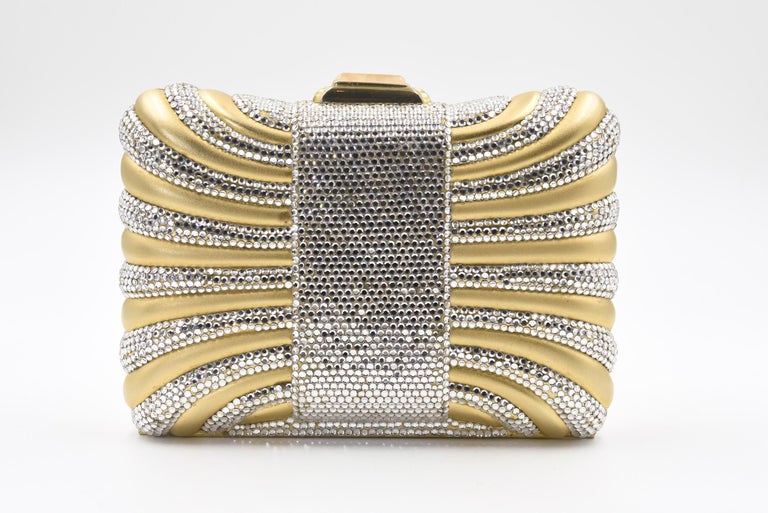 Beige Judith Leiber Gold with White Crystal Box Minaudière Evening Clutch For Sale