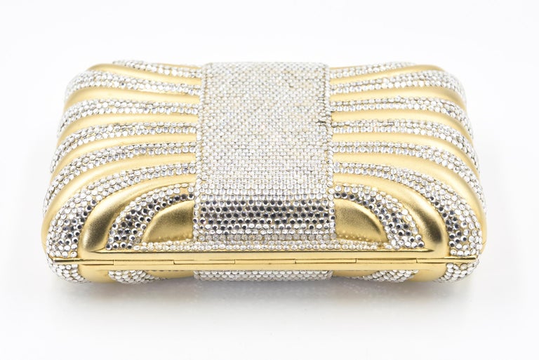 Women's Judith Leiber Gold with White Crystal Box Minaudière Evening Clutch For Sale