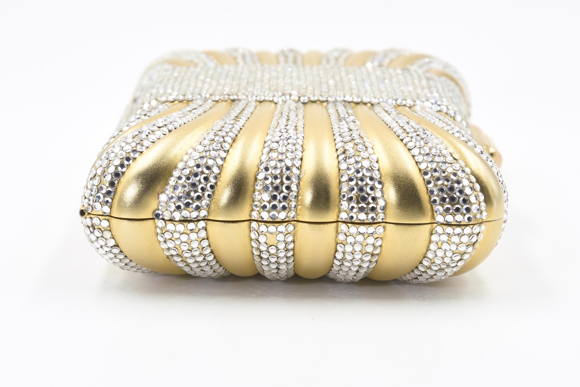 Beige Judith Leiber Gold with White Crystal Box Minaudière Evening Clutch For Sale