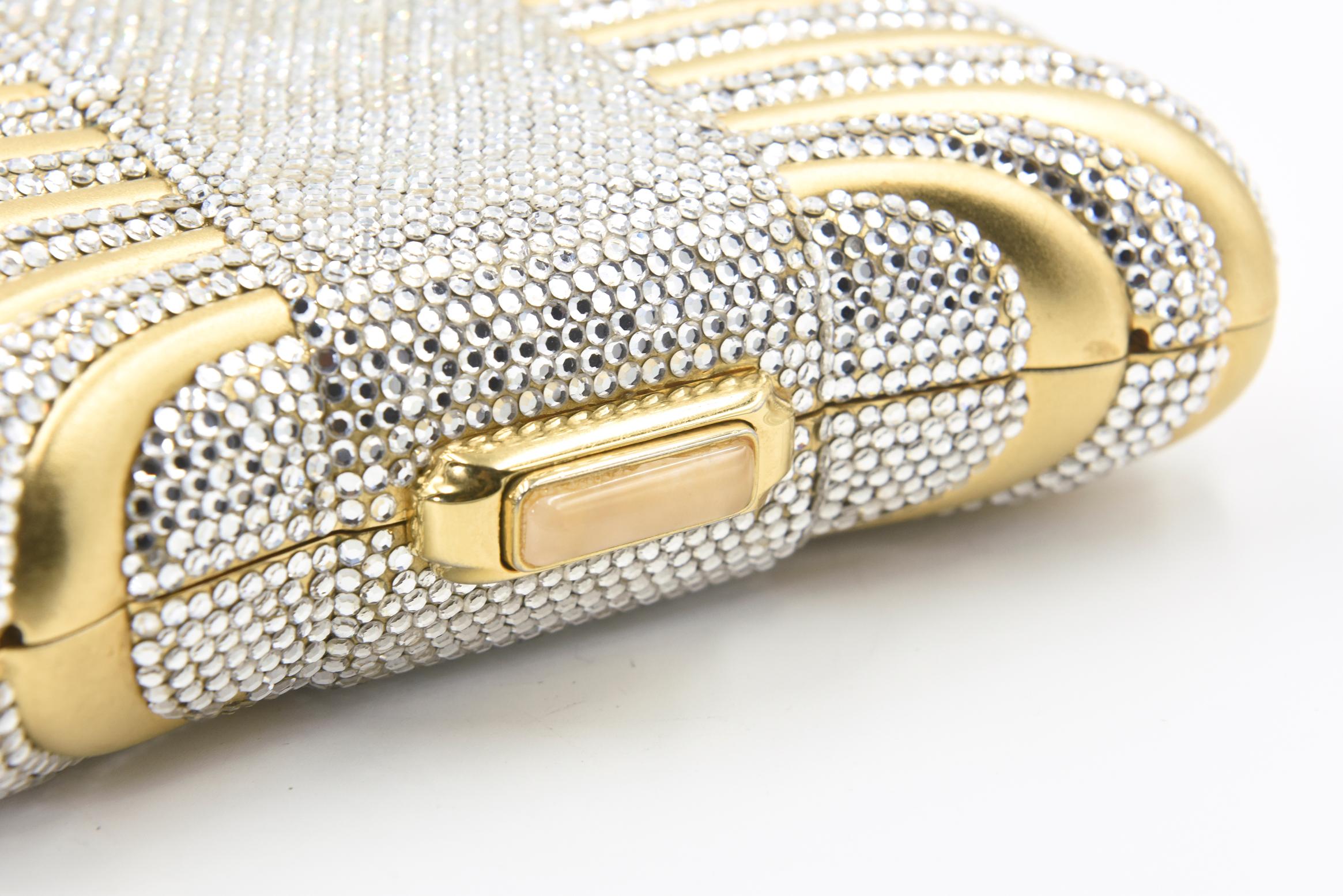 Judith Leiber Gold with White Crystal Box Minaudière Evening Clutch In Good Condition For Sale In Miami Beach, FL
