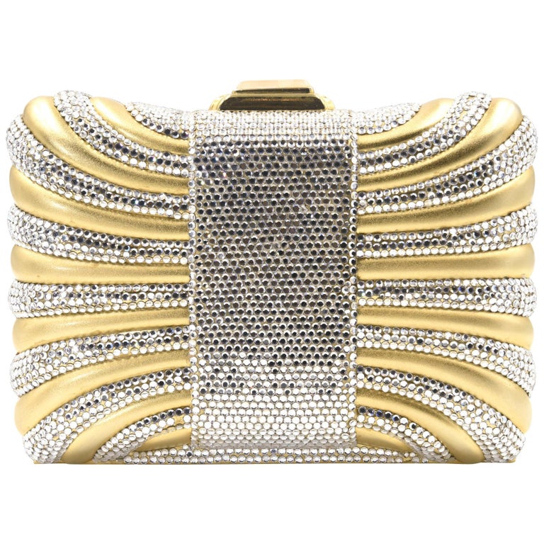 Judith Leiber Gold with White Crystal Box Minaudière Evening Clutch For Sale