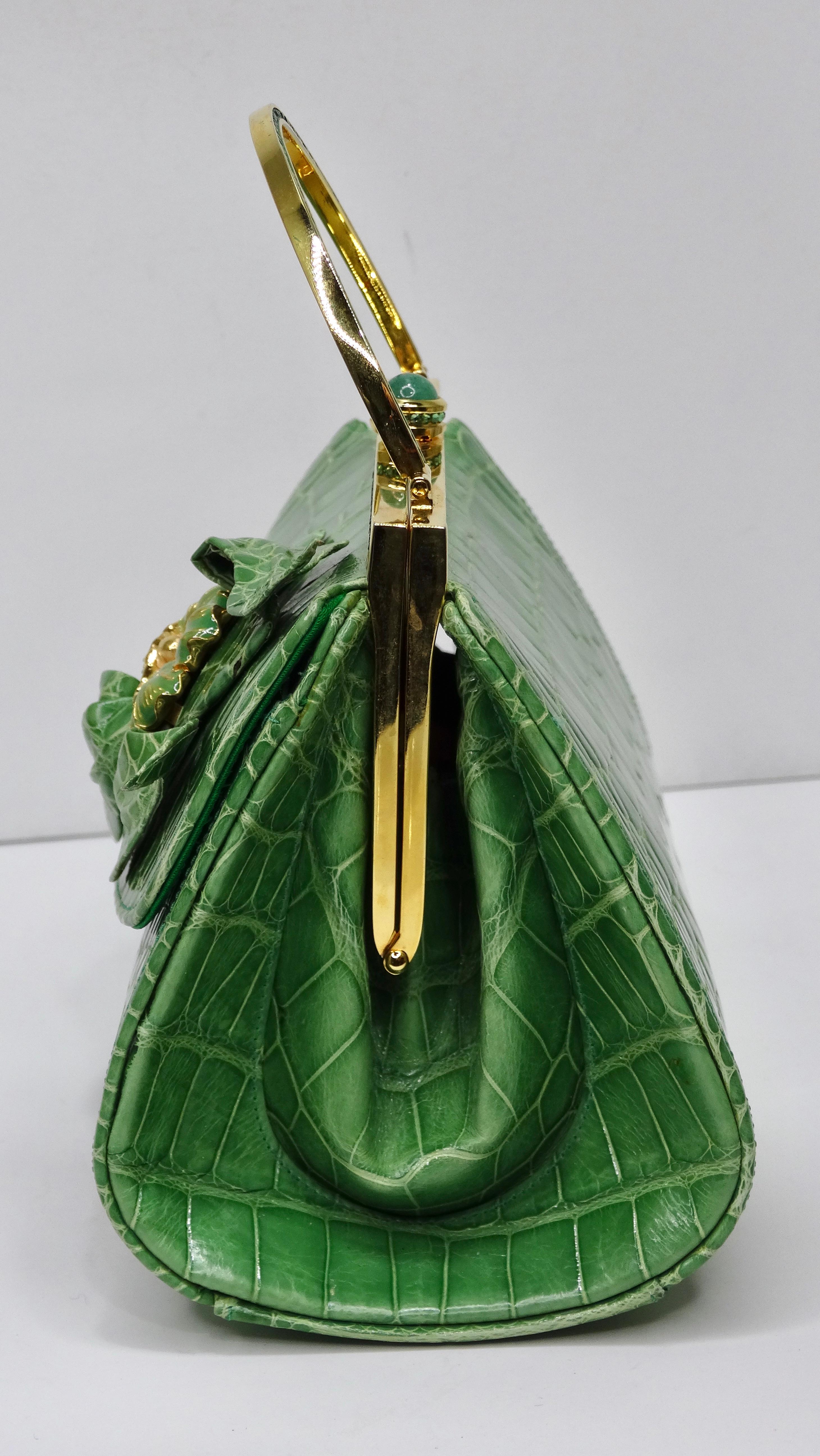 Women's or Men's Judith Leiber Green Alligator Top Handle Evening Bag For Sale