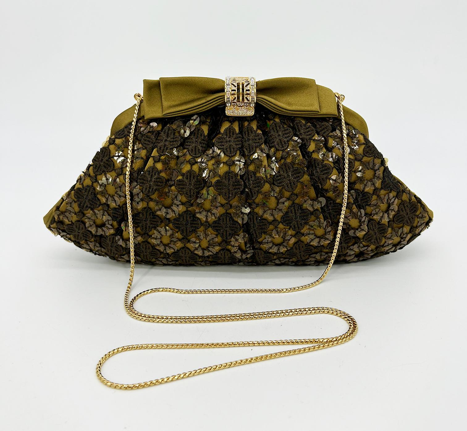 Judith Leiber Green Lace Sequin Silk Crystal Top Clutch For Sale 6