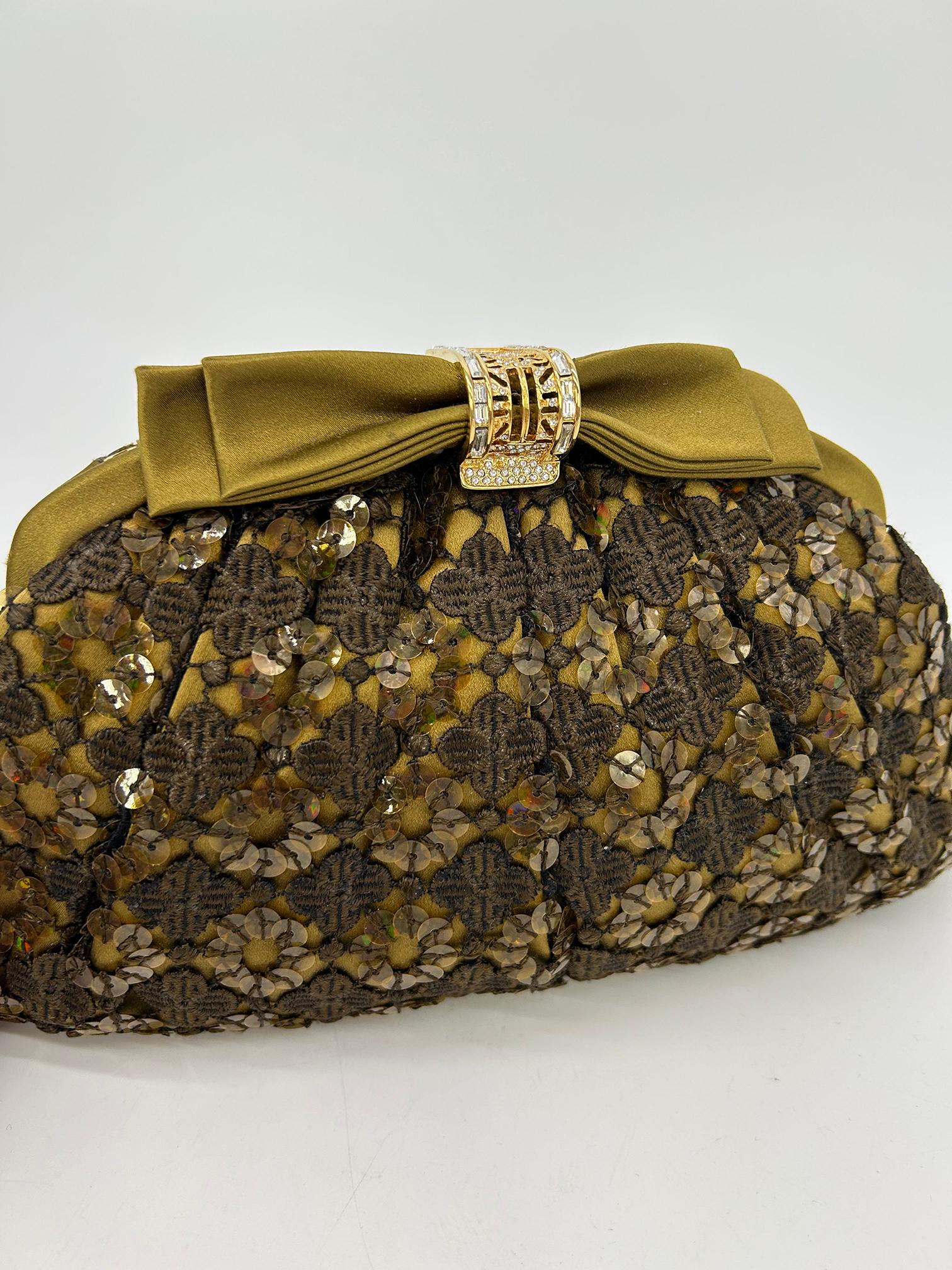 Women's Judith Leiber Green Lace Sequin Silk Crystal Top Clutch For Sale