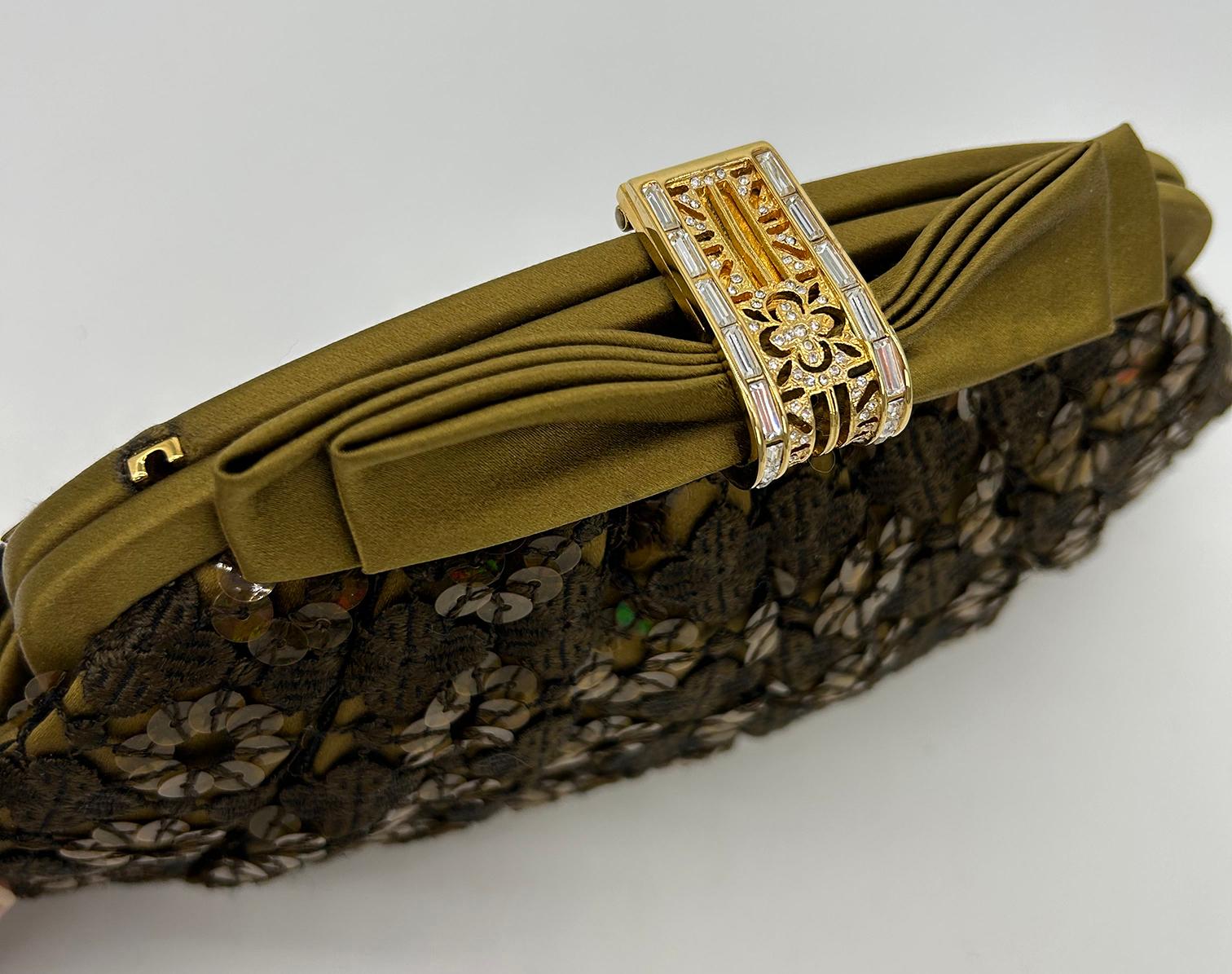 Judith Leiber Green Lace Sequin Silk Crystal Top Clutch For Sale 1