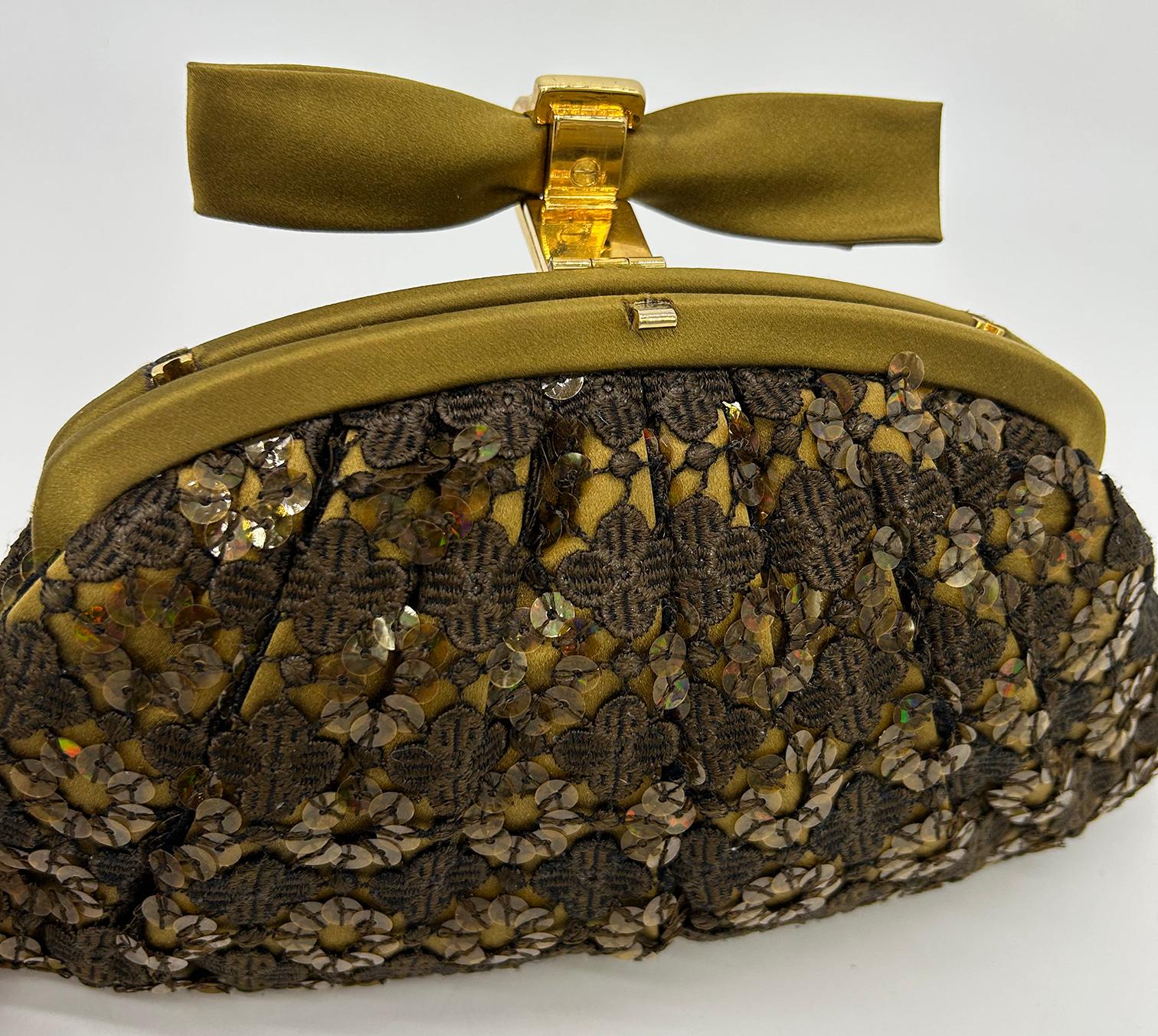 Judith Leiber Green Lace Sequin Silk Crystal Top Clutch For Sale 2