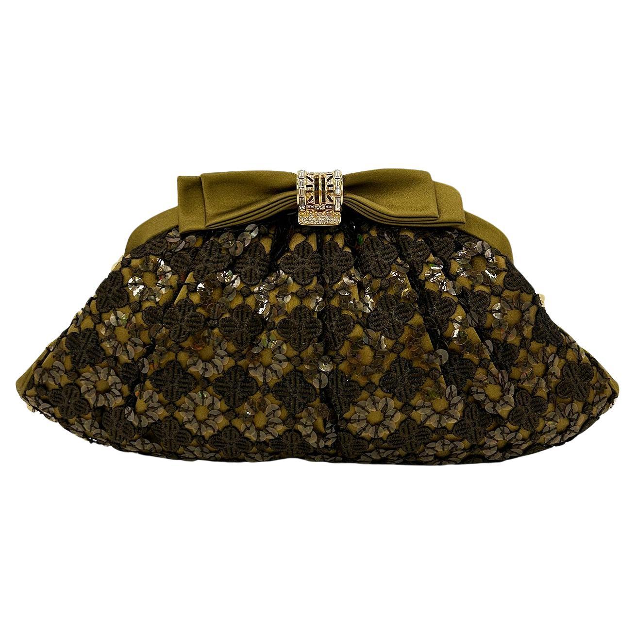 Judith Leiber Green Lace Sequin Silk Crystal Top Clutch For Sale