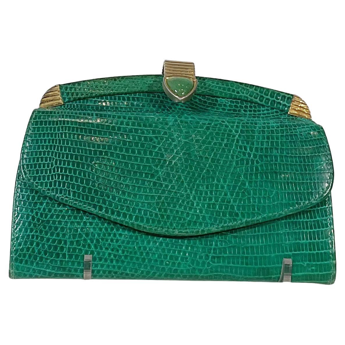 JUDITH LEIBER Green Lizard Skin Wallet with Gold Clasp For Sale