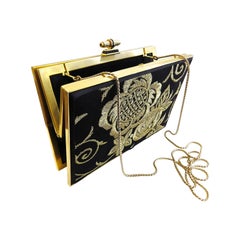 Judith Leiber Hand Bag Whit Gold Frame and Gold Flower on Black