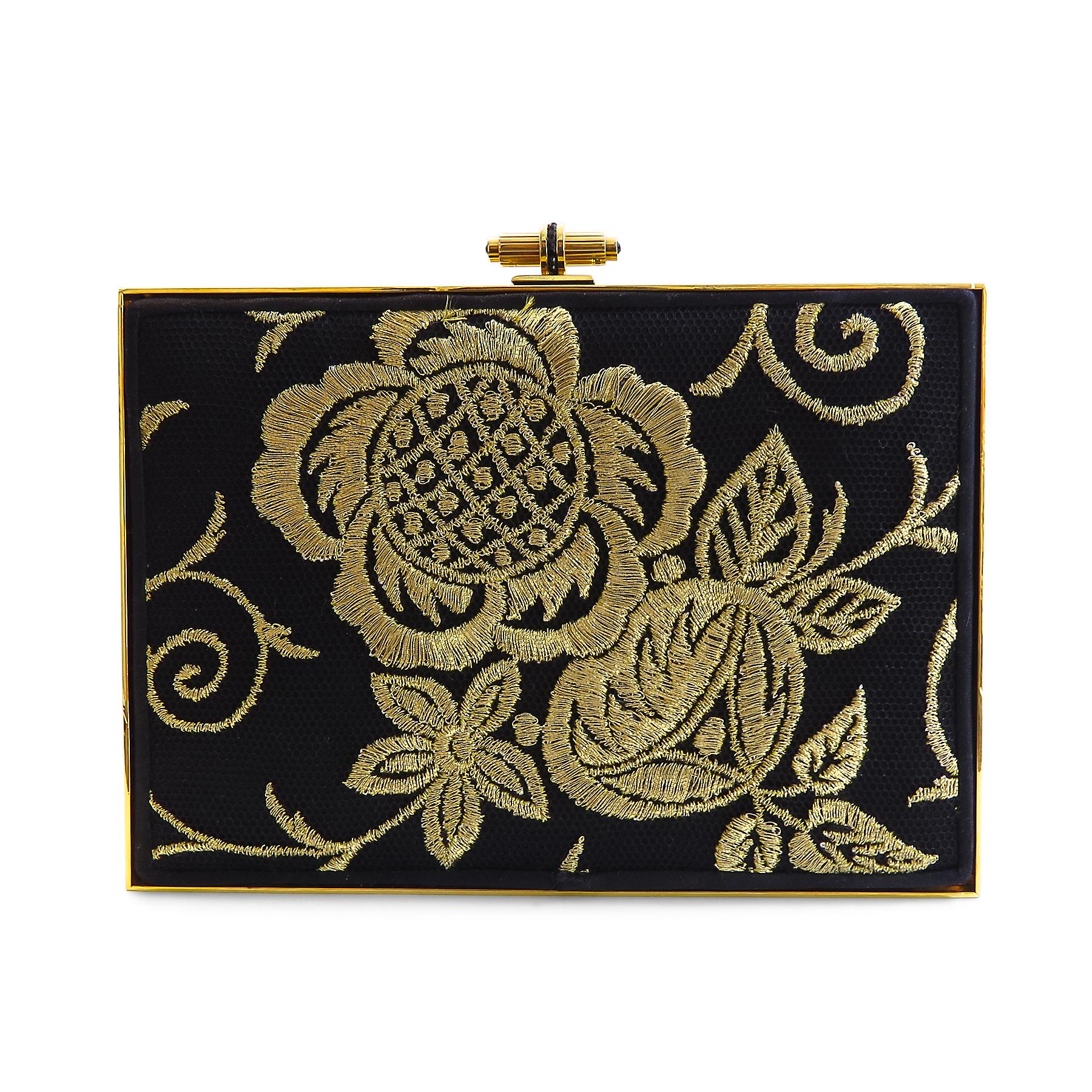 Gold Plated Frame 
Flower design on Fabric 
Width= 6 1/2 inches 
Height= 4 1/2 inches 
Depth= 3/4 inches 
Lock With Black Crystal 
Weight= 38.8 gr 
