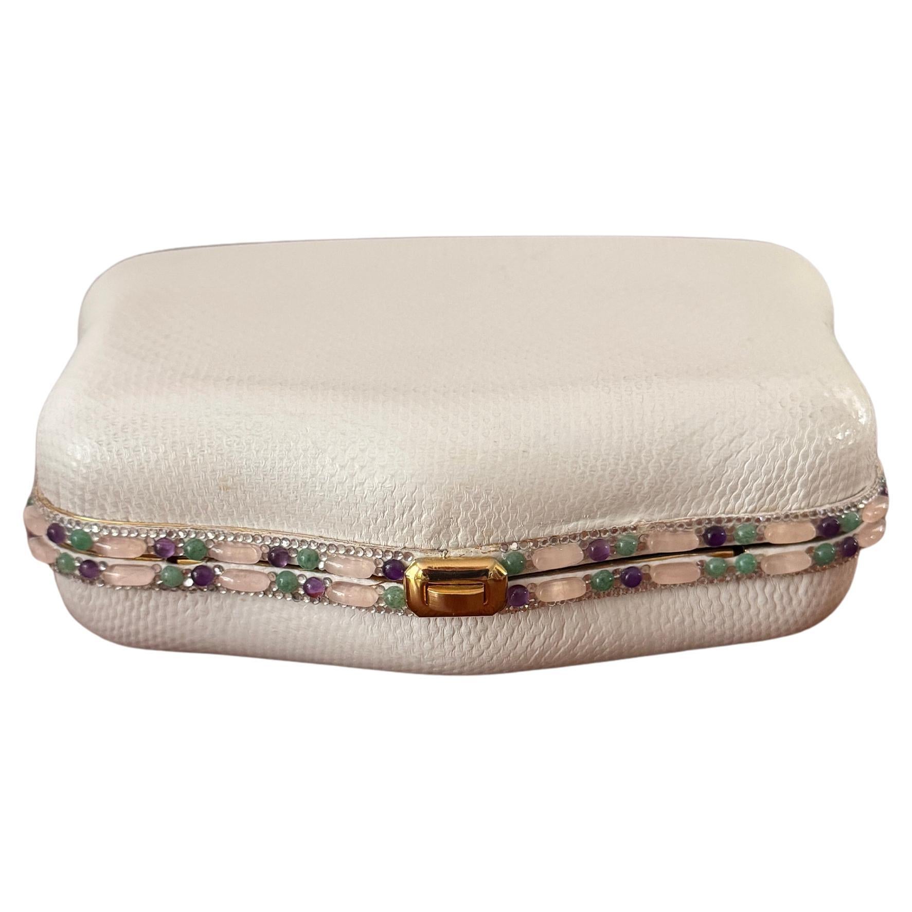 Judith Leiber Weiße Karung Umwandelbare Clutch mit Halbedelsteinen