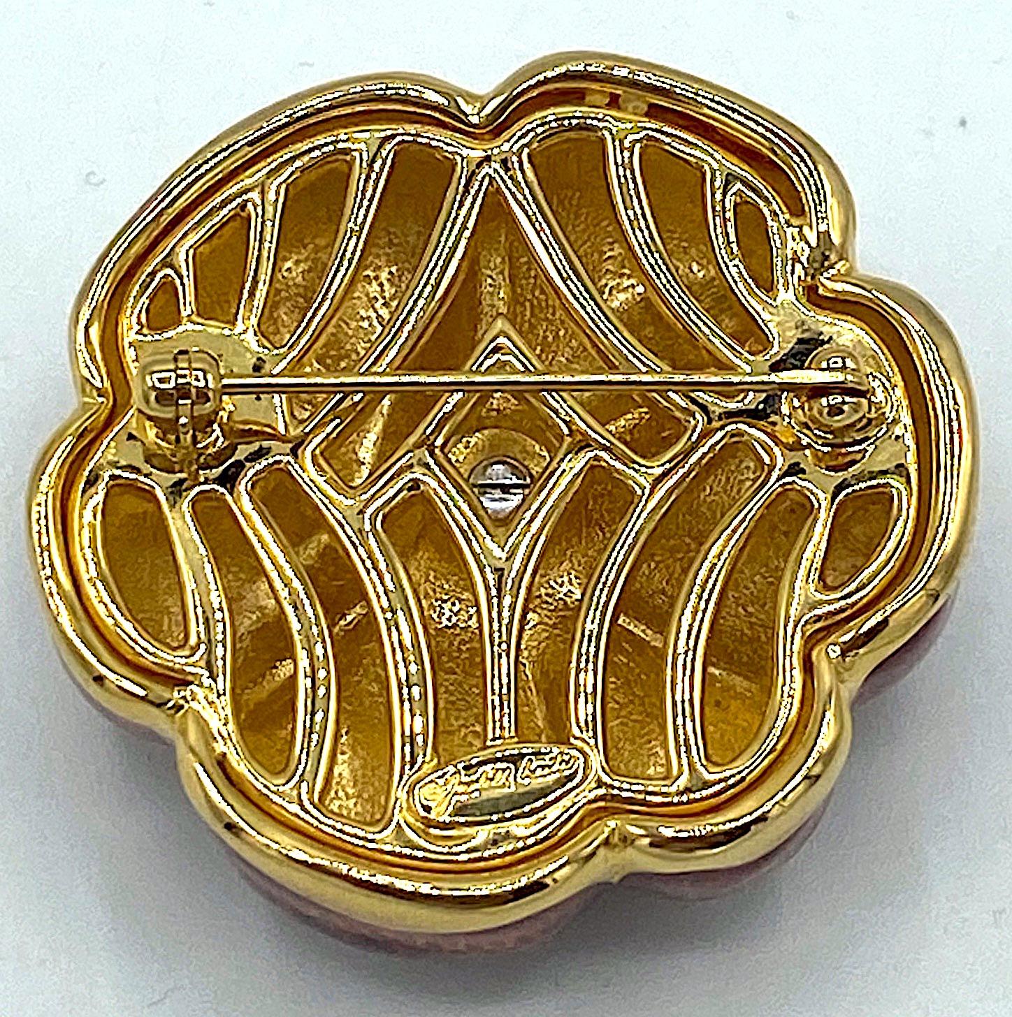 Judith Leiber Honey Amber Enamel on Gold Flower Brooch 2