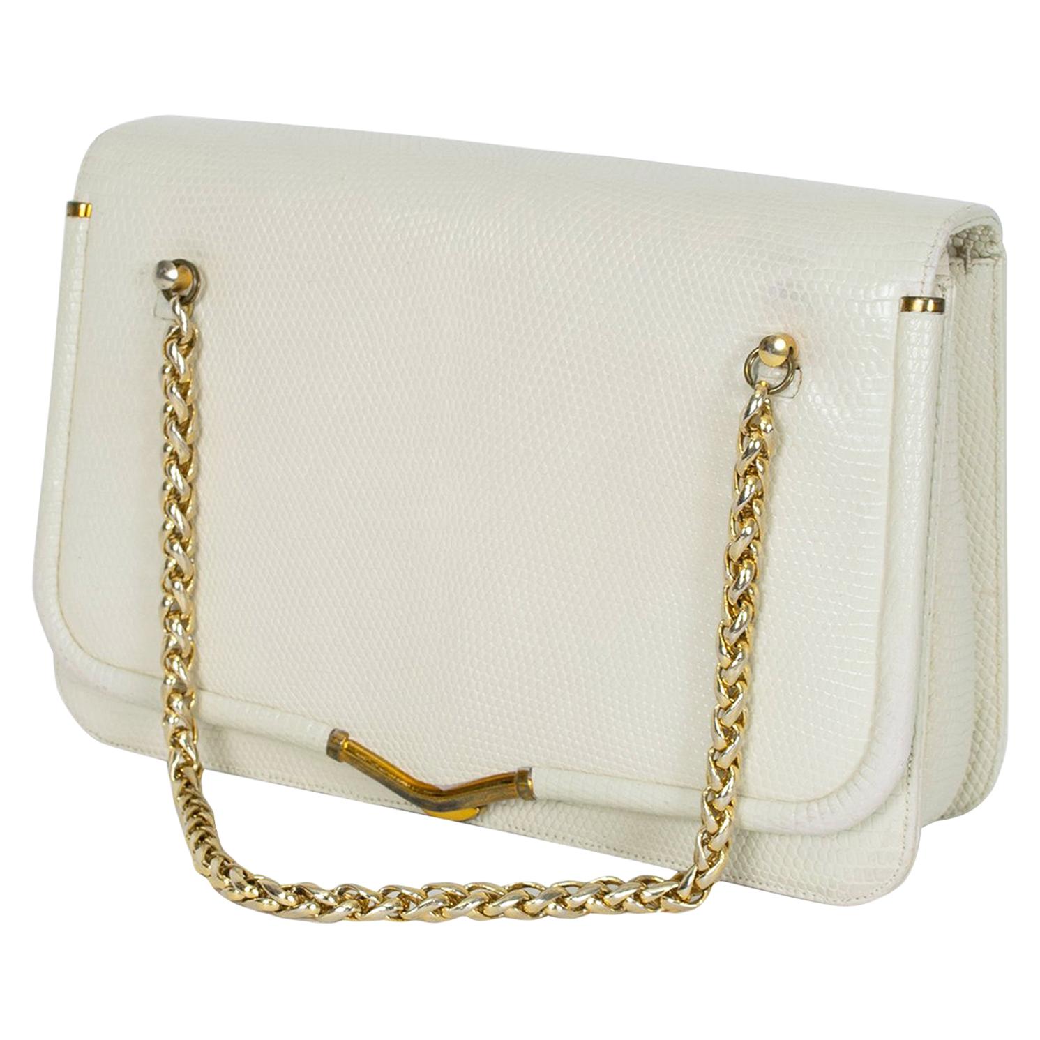 Judith Leiber Ivory Lizard Compartment Purse with Gold Chain Handles, 1980s For Sale