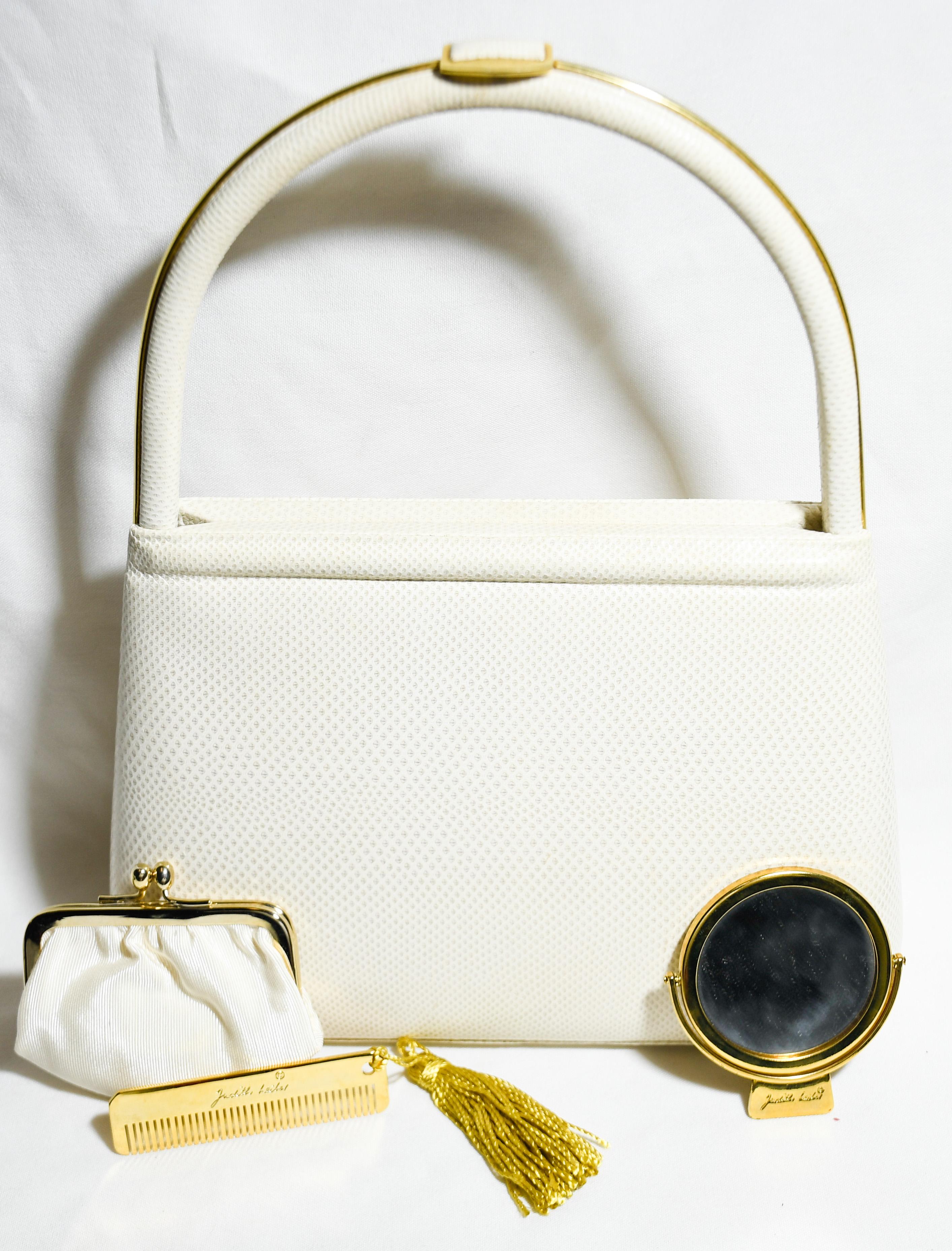 Judith Leiber Ivory Lizard Top Handle Structured Bag For Sale 2