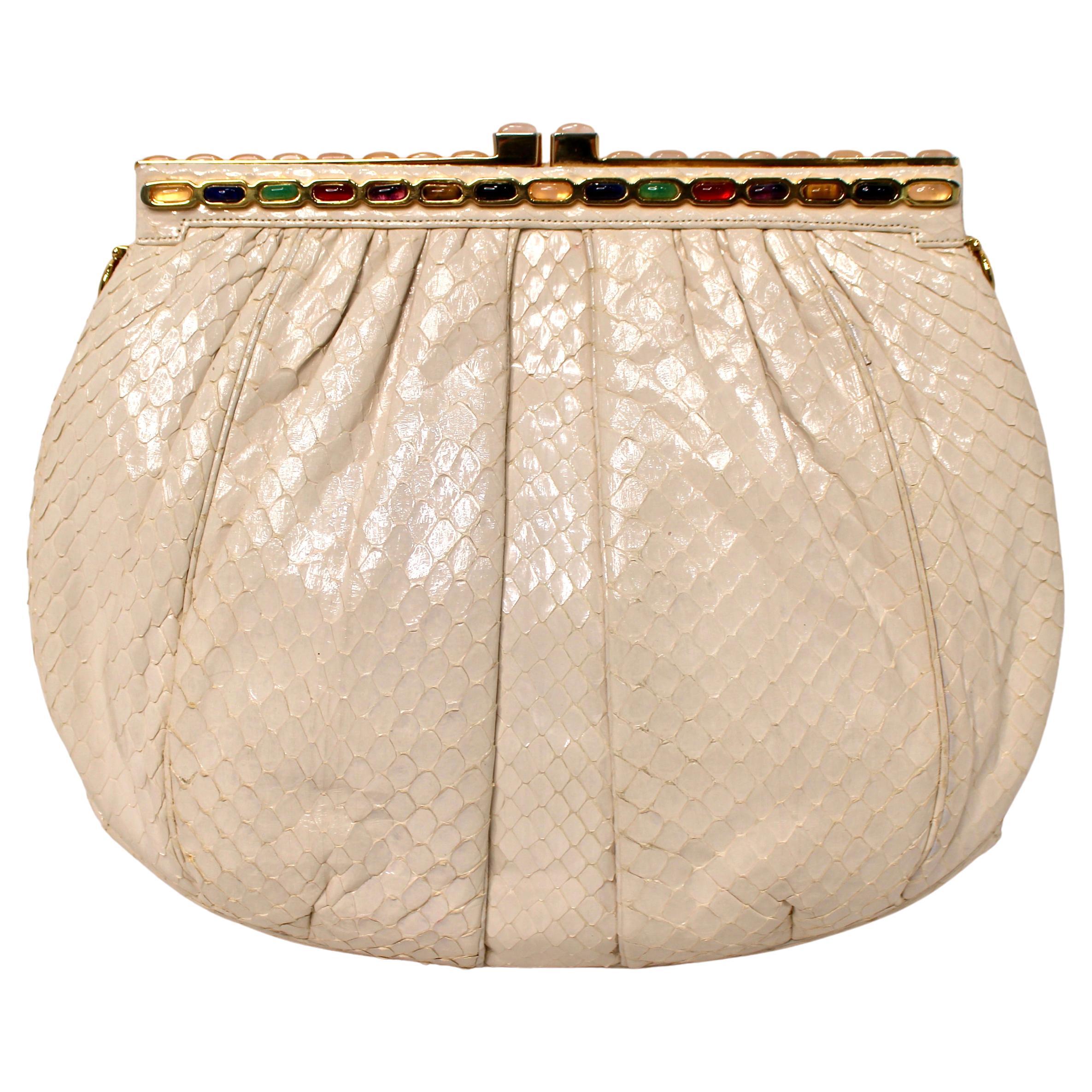 Judith Leiber Ivory Snakeskin Clutch With Strap circa 1980s