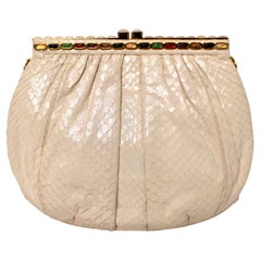 Judith Leiber Ivory Snakeskin Clutch With Strap circa 1980s