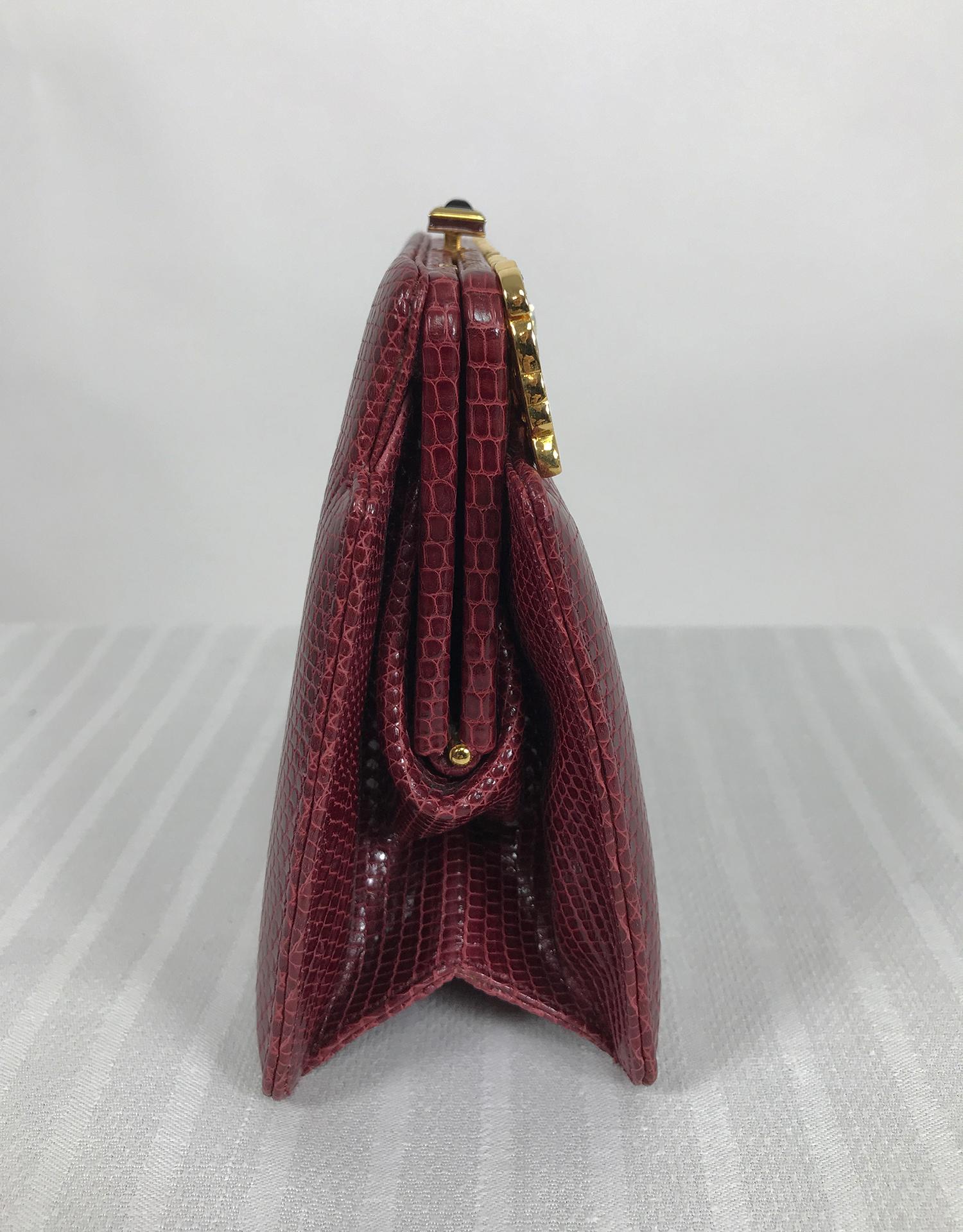 Brown Judith Leiber Jewel Clasp Burgundy Lizard Clutch Shoulder Bag with Accessories