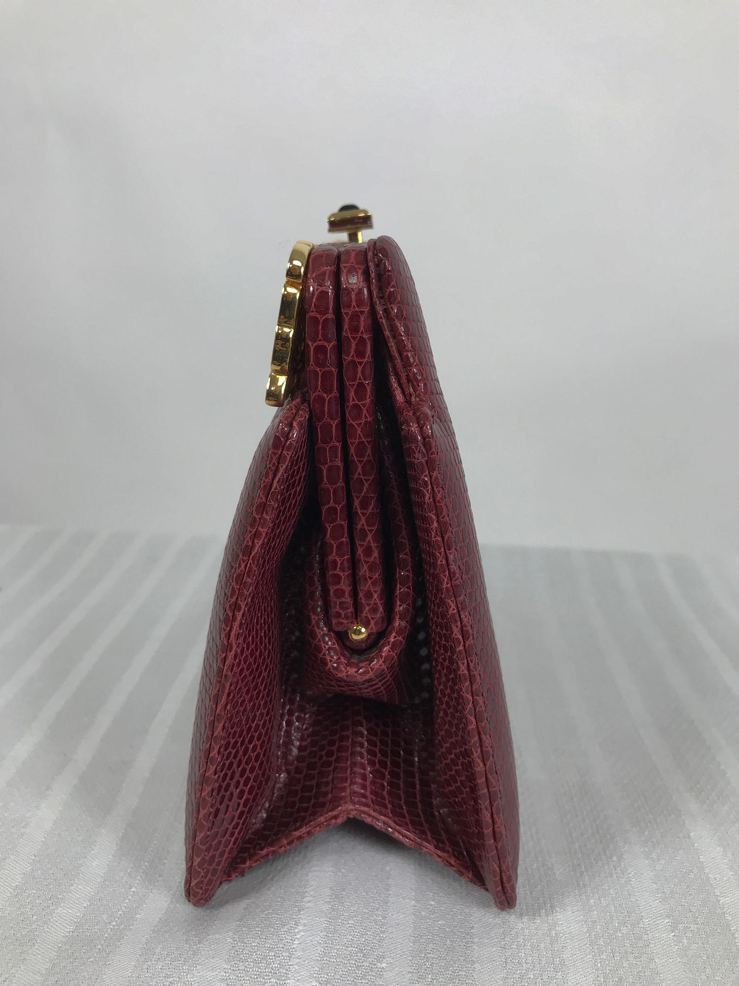 Women's Judith Leiber Jewel Clasp Burgundy Lizard Clutch Shoulder Bag with Accessories