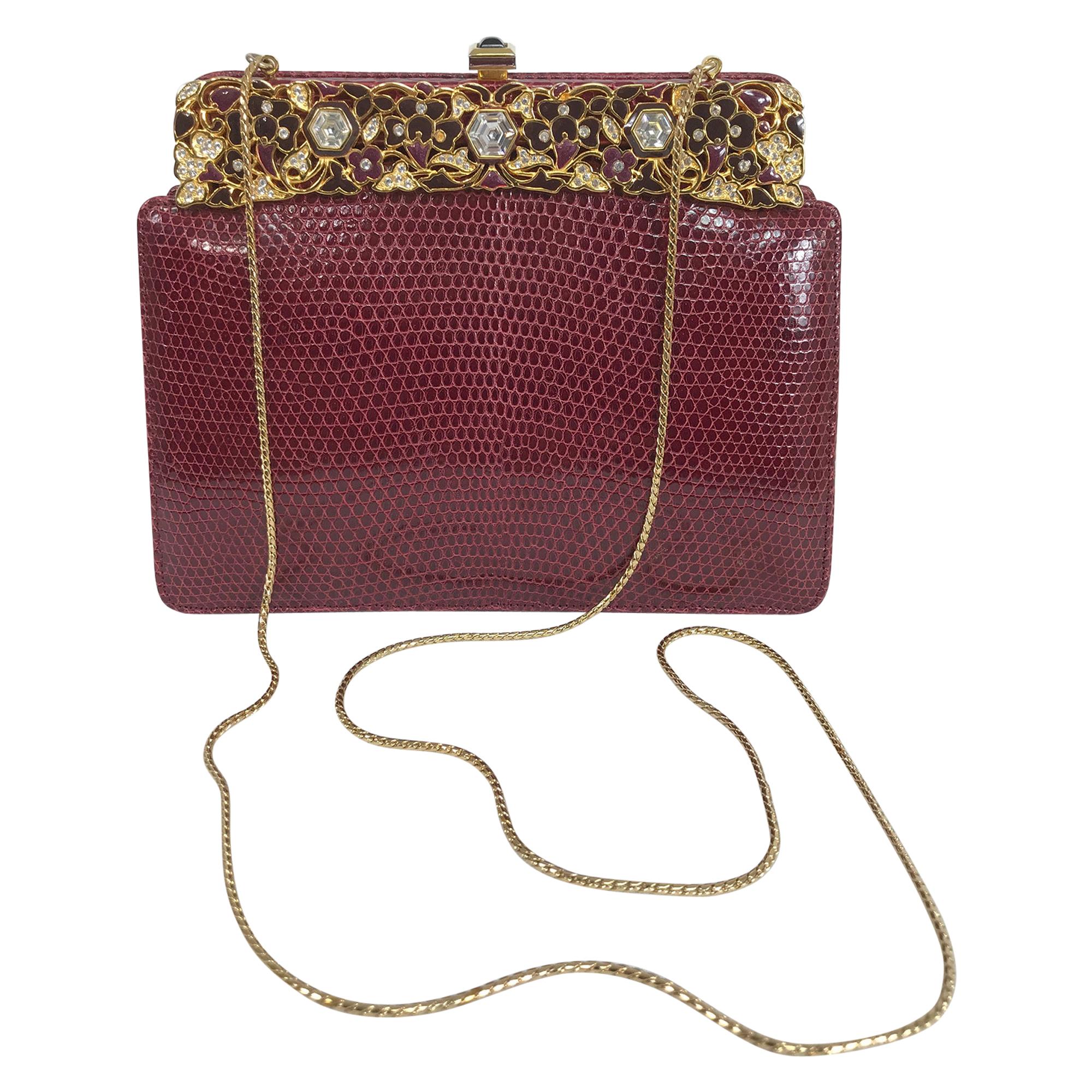 Judith Leiber Jewel Clasp Burgundy Lizard Clutch Shoulder Bag with Accessories