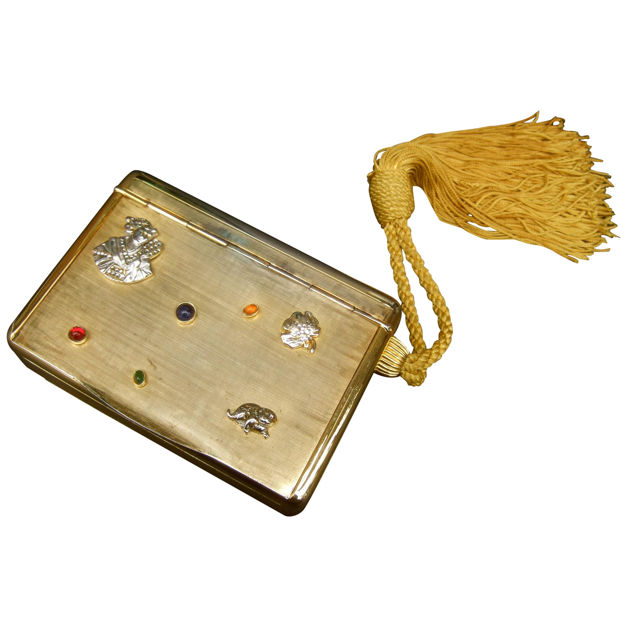 Judith Leiber Jewel Encrusted Gilt Metal Chinoiserie Minaudière c 1970s