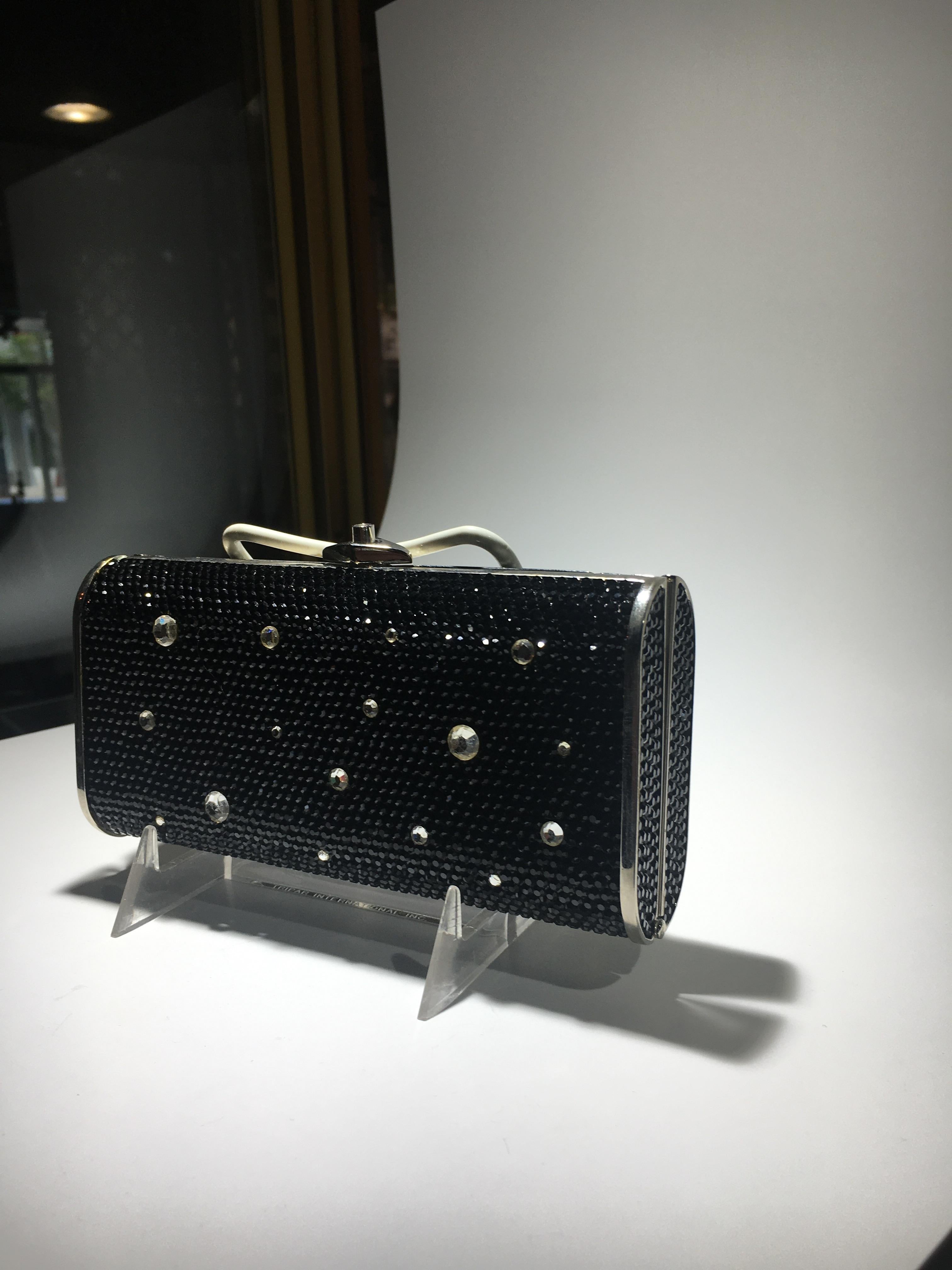 Judith Leiber Jeweled Clutch, Black And Clear Crrystals With Silver Strap. In Excellent Condition For Sale In Buchanan, MI