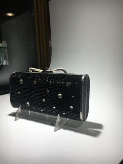 Judith Leiber Jeweled Clutch, Black And Clear Crrystals With Silver Strap.