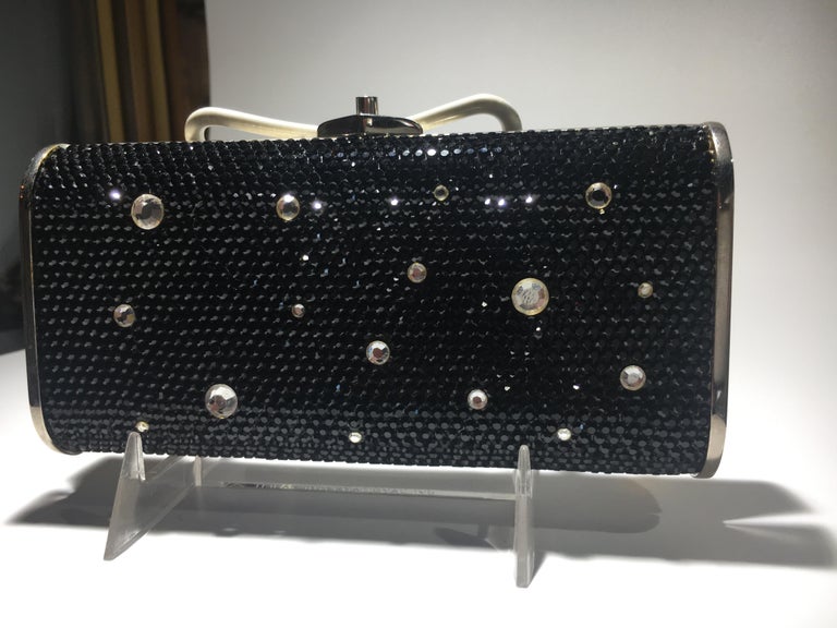 Women's Judith Leiber Jeweled Clutch, Black And Clear Crrystals With Silver Strap. For Sale