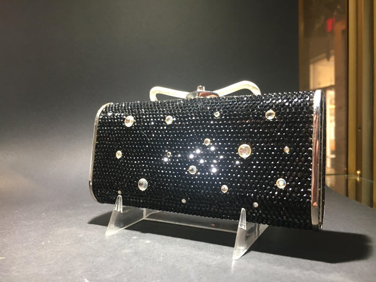 Judith Leiber Jeweled Clutch, Black And Clear Crrystals With Silver Strap. For Sale 1