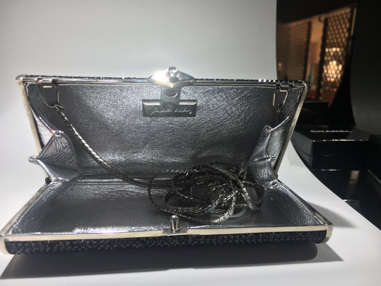 Judith Leiber Jeweled Clutch, Black And Clear Crrystals With Silver Strap. For Sale 2
