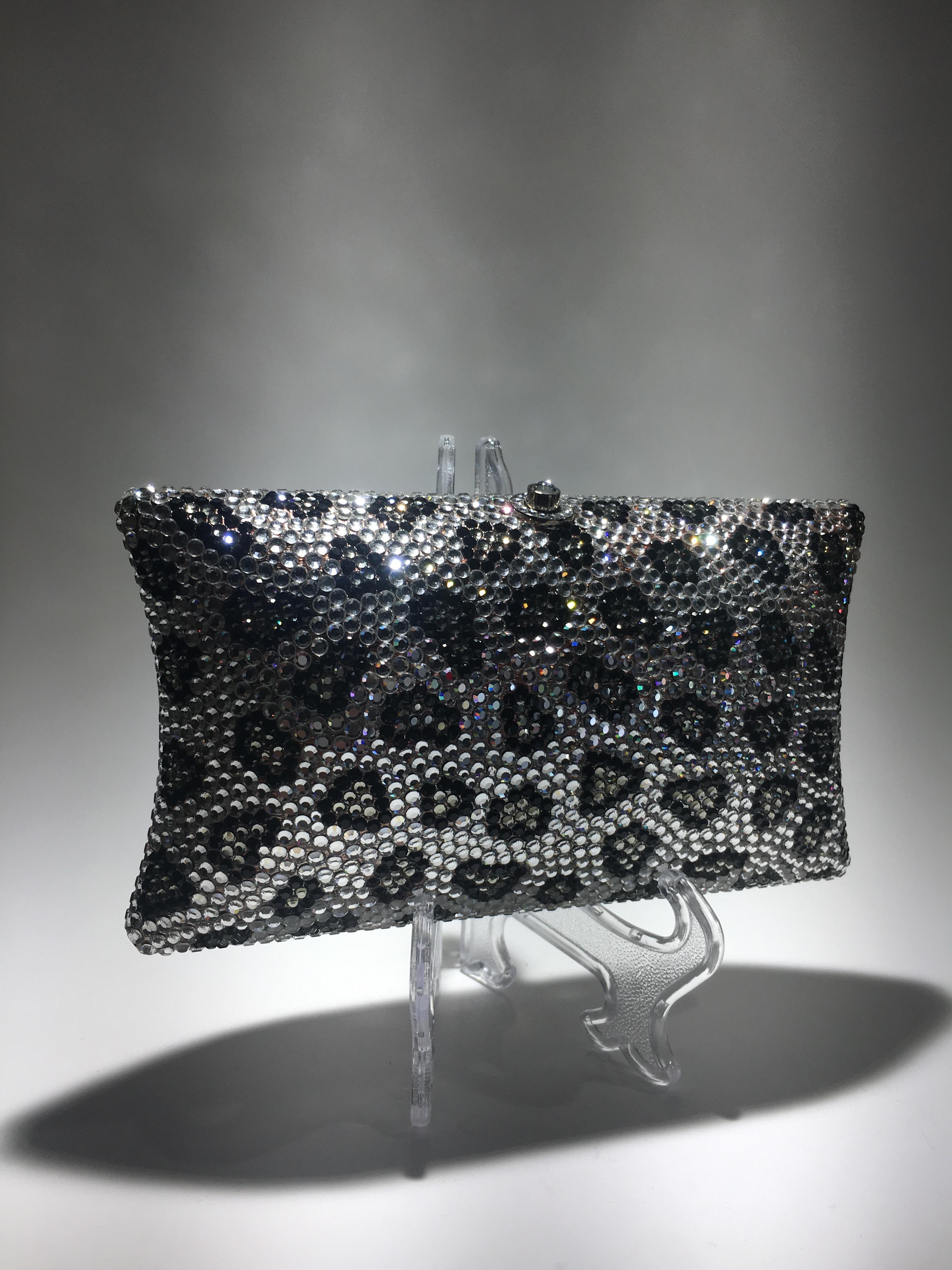 Judith Leiber Jeweled Clutch, Black And Clear Crrystals With Silver Strap. For Sale 3
