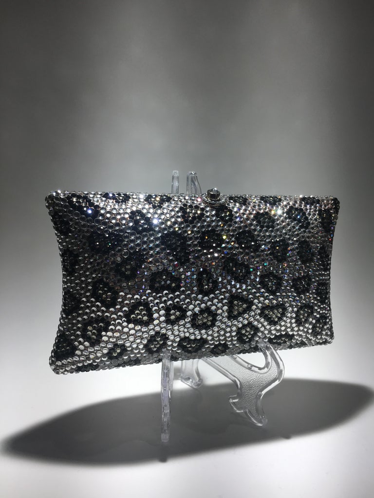 Judith Leiber Jeweled Clutch, Black And Clear Crrystals With Silver Strap. For Sale 3