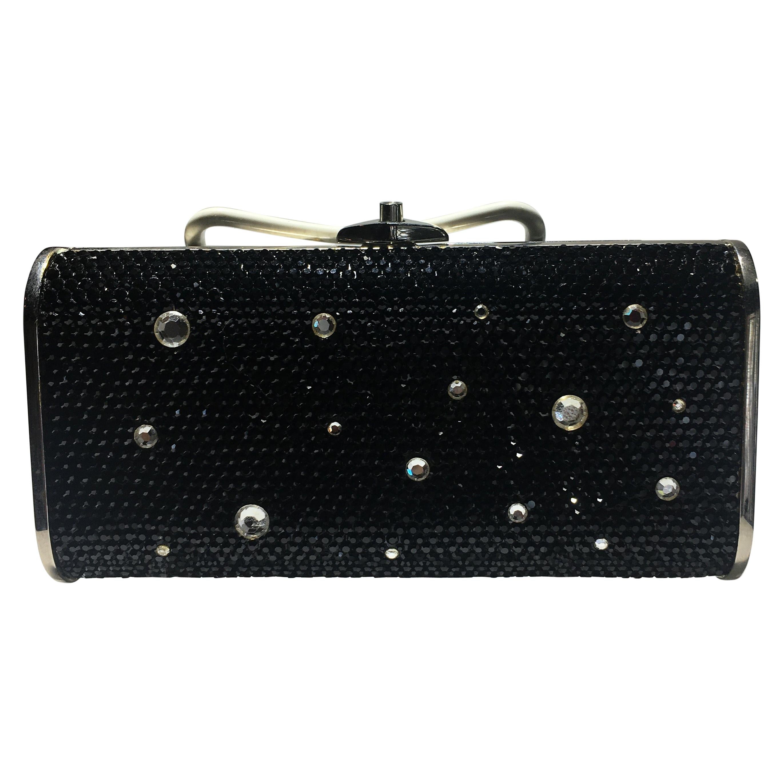 Judith Leiber Jeweled Clutch, Black And Clear Crrystals With Silver Strap.