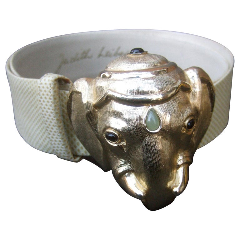 Judith Leiber Jeweled Gilt Metal Elephant Buckle Belt c  display picture 2