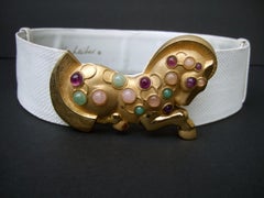 Judith Leiber Jeweled Semi Precious Trojan Horse White Leather Belt c 1980s