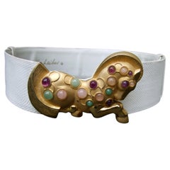 Judith Leiber Jeweled Semi Precious Trojan Horse White Leather Belt c 1980s