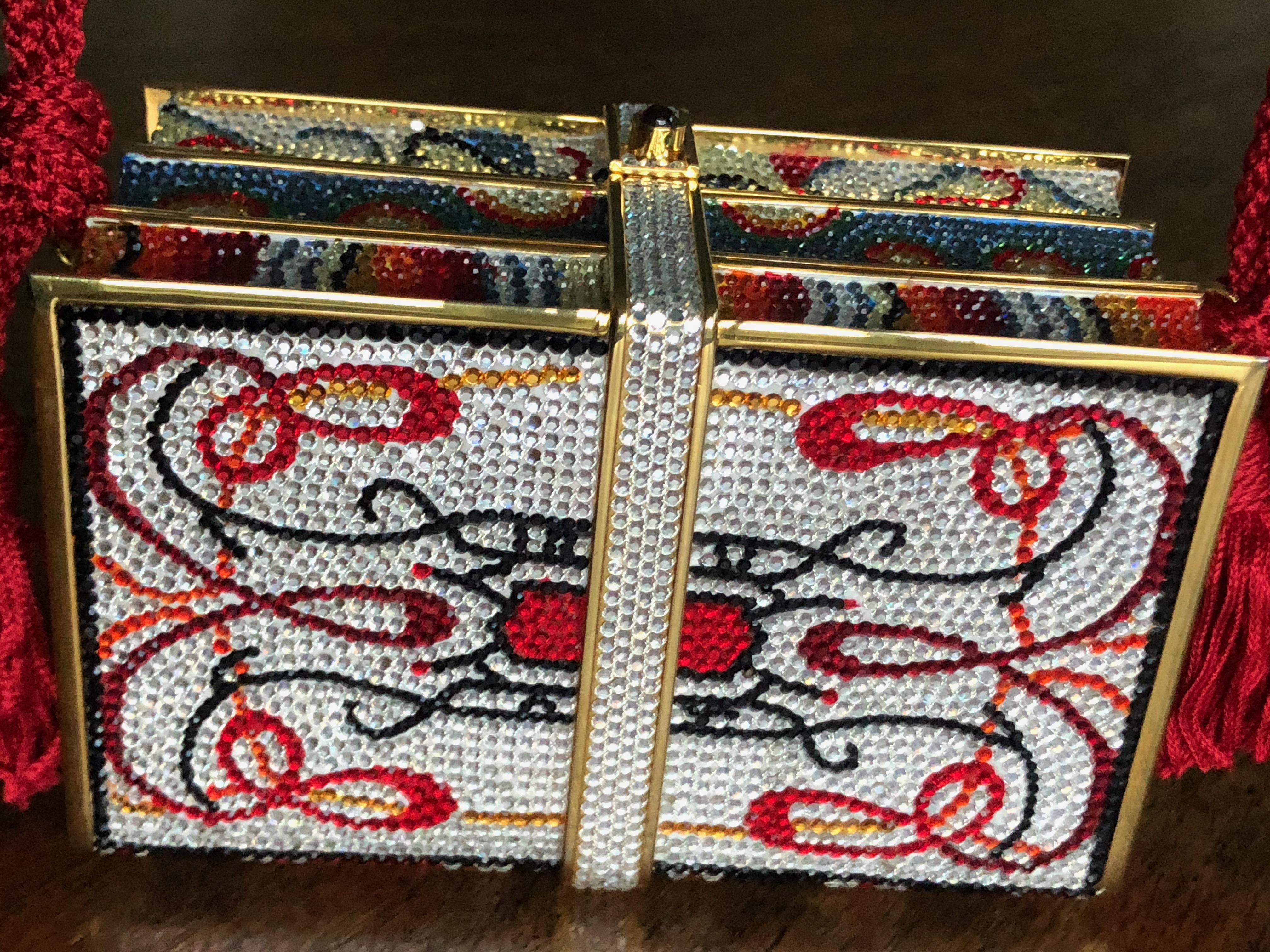 Judith Leiber Jeweled Stack of Books Minaudière on Red Cord In Excellent Condition In Cloverdale, CA