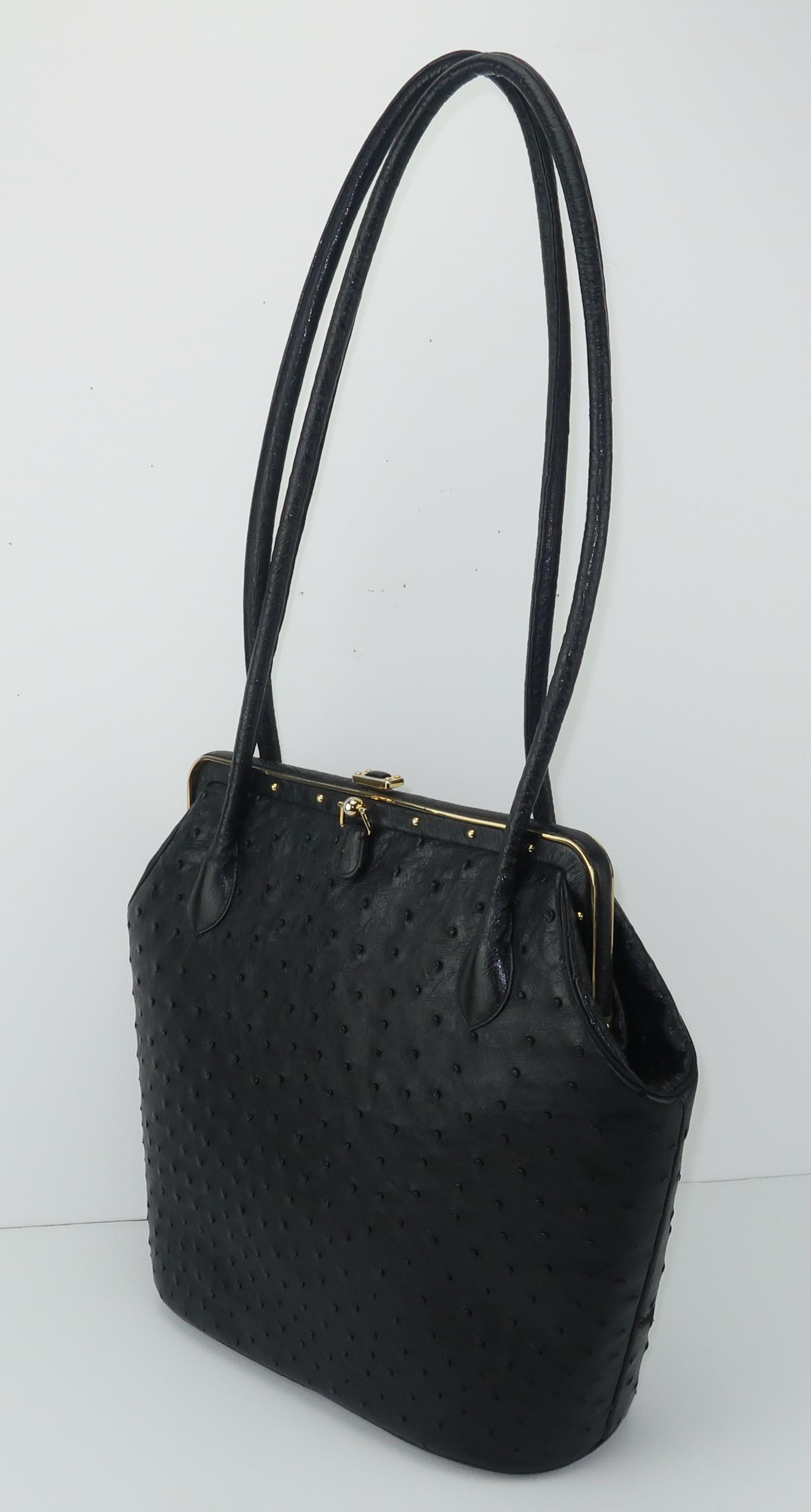 Judith Leiber Large Black Ostrich Leather Handbag With Gold Studs For Sale 6