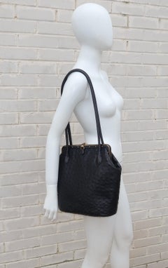 Judith Leiber Large Black Ostrich Leather Handbag With Gold Studs